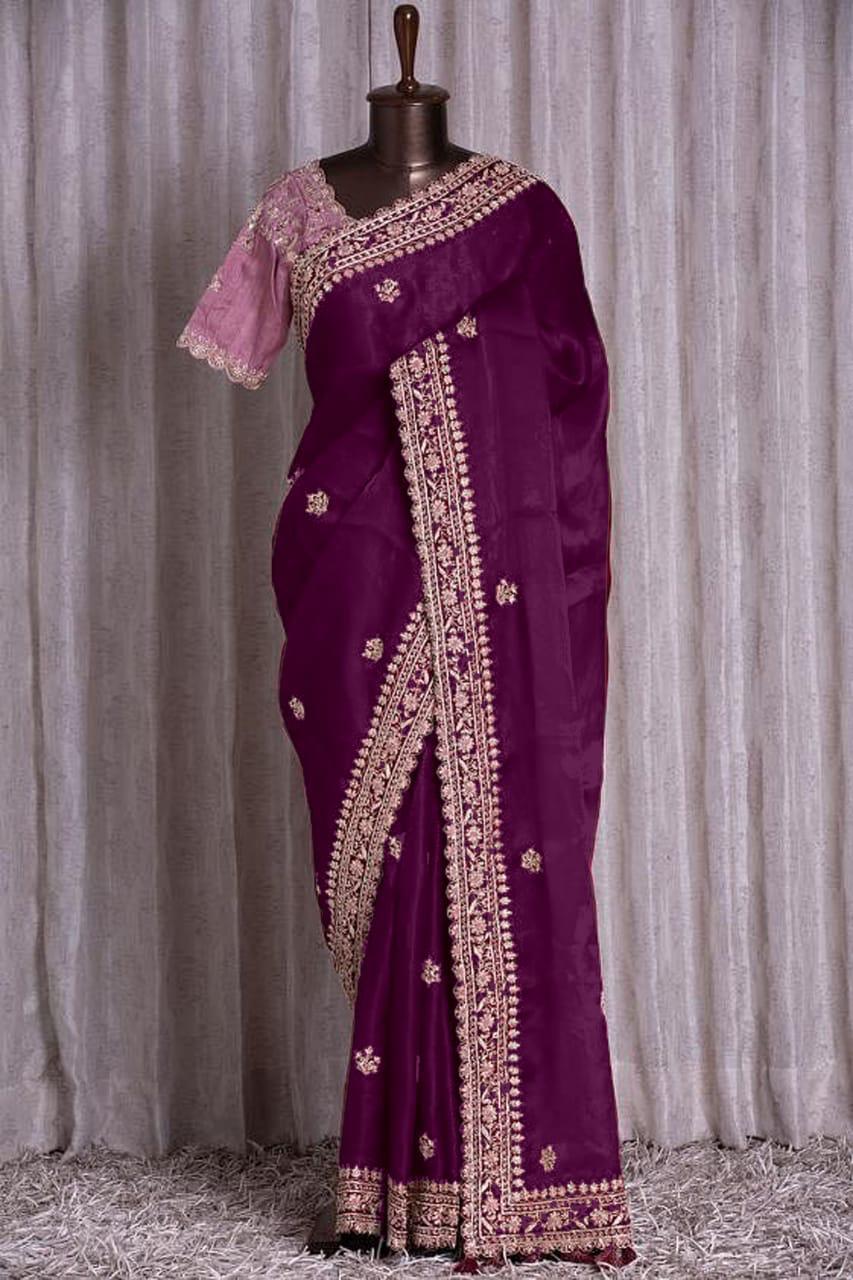 Beautiful Vichitra Silk Embroidered Lace Border work Saree Blouse Design