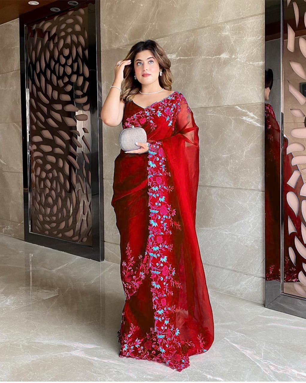 Wedding Wear Organza Silk Multi Thread Embroidered Work Designer Saree Blouse