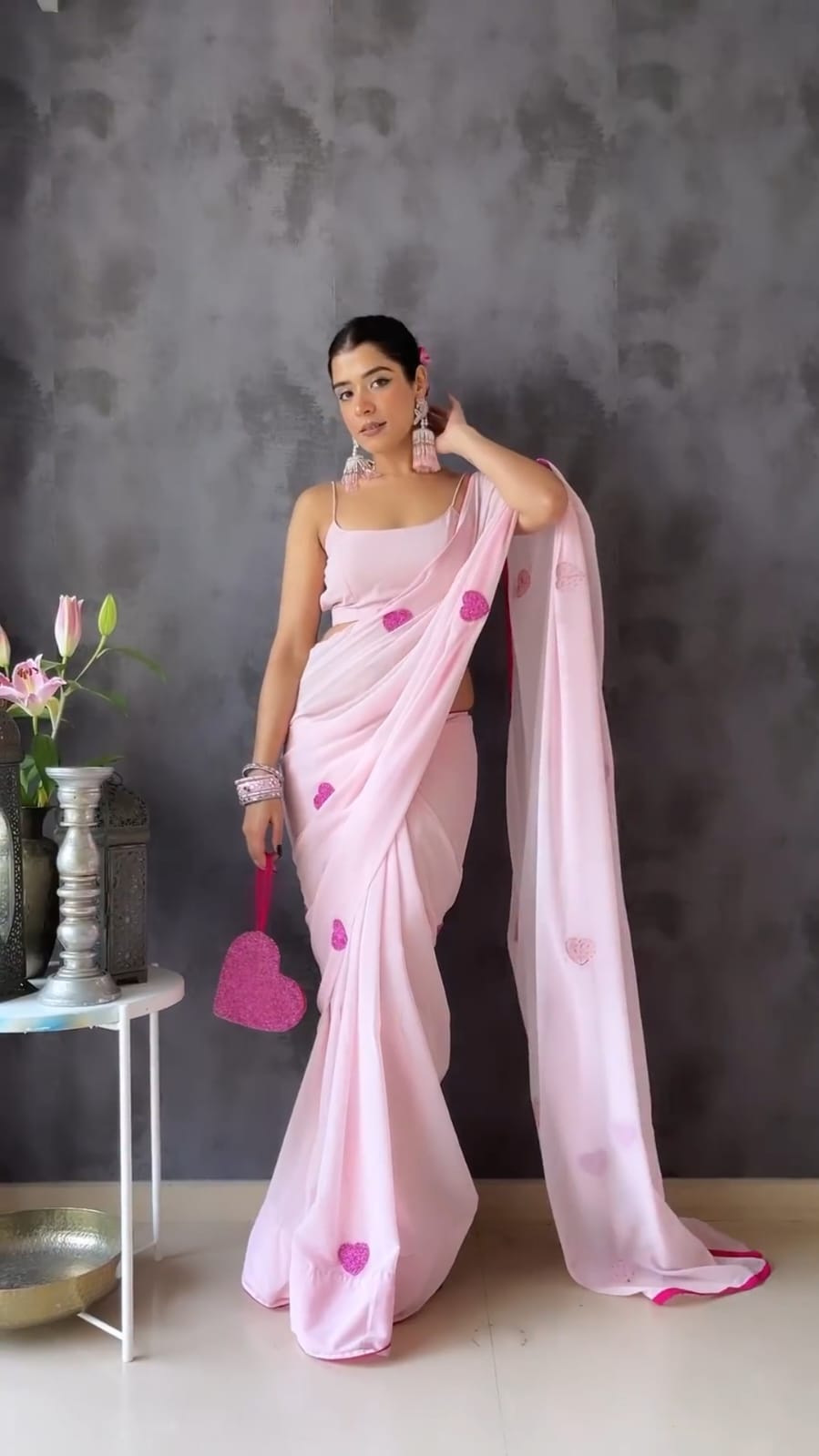 Georgette Light Pink Embroidered Party Wear Saree For Women