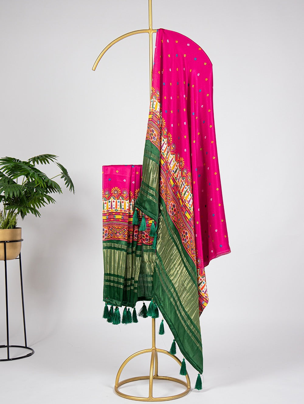 Green Pink Dual Tone Gajji Silk Bandhej Print Dupatta for Matching Lehenga