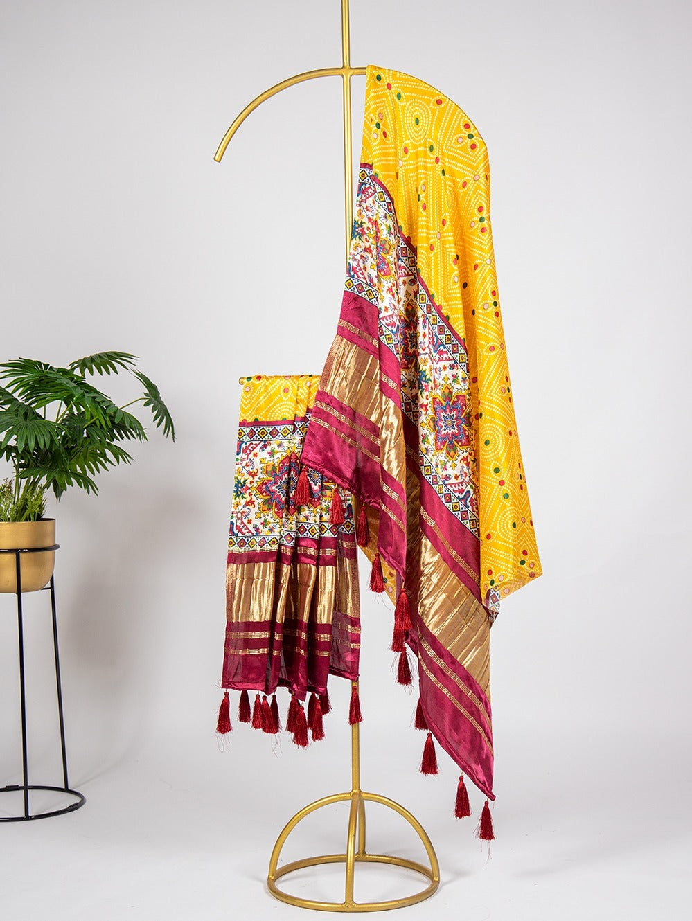 Wedding Wear Yellow Color Gajji Silk Bandhej Print Dupatta for Matching Lehenga
