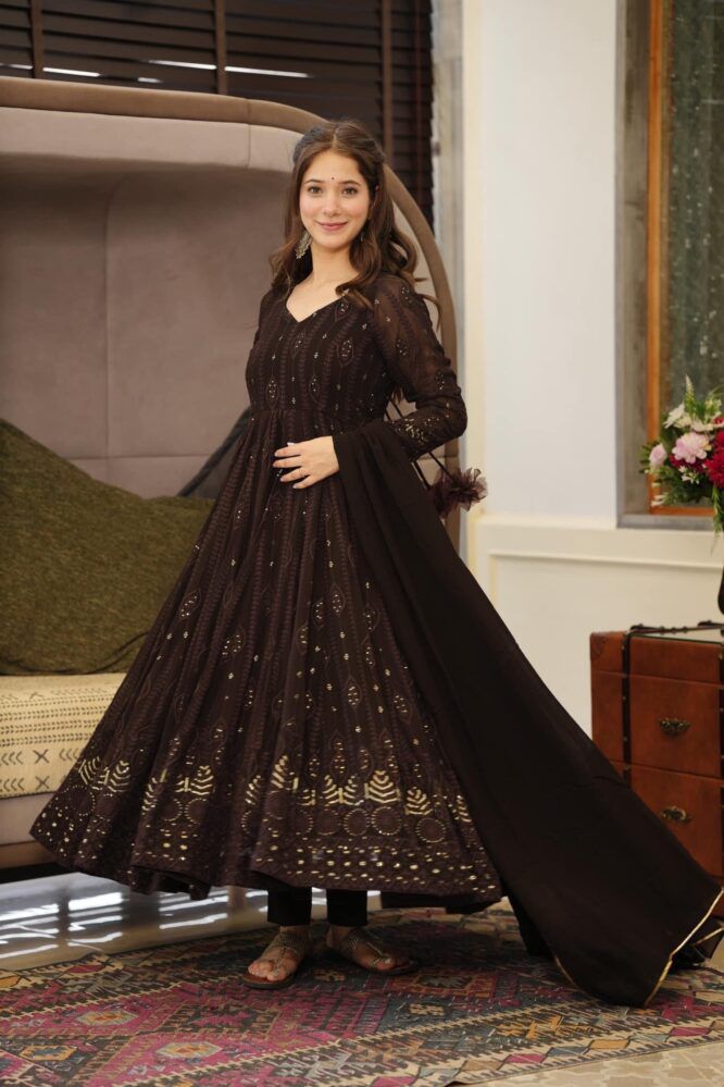Delightful Black Georgette Embroidered Full Stitched Suit For Women