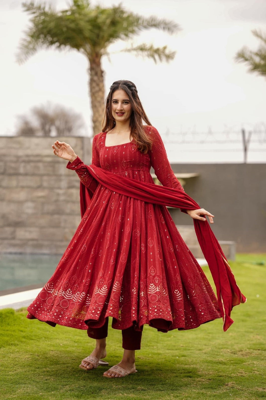 Appealing Red Color Gerogette Readymade Gown For Girls Wear