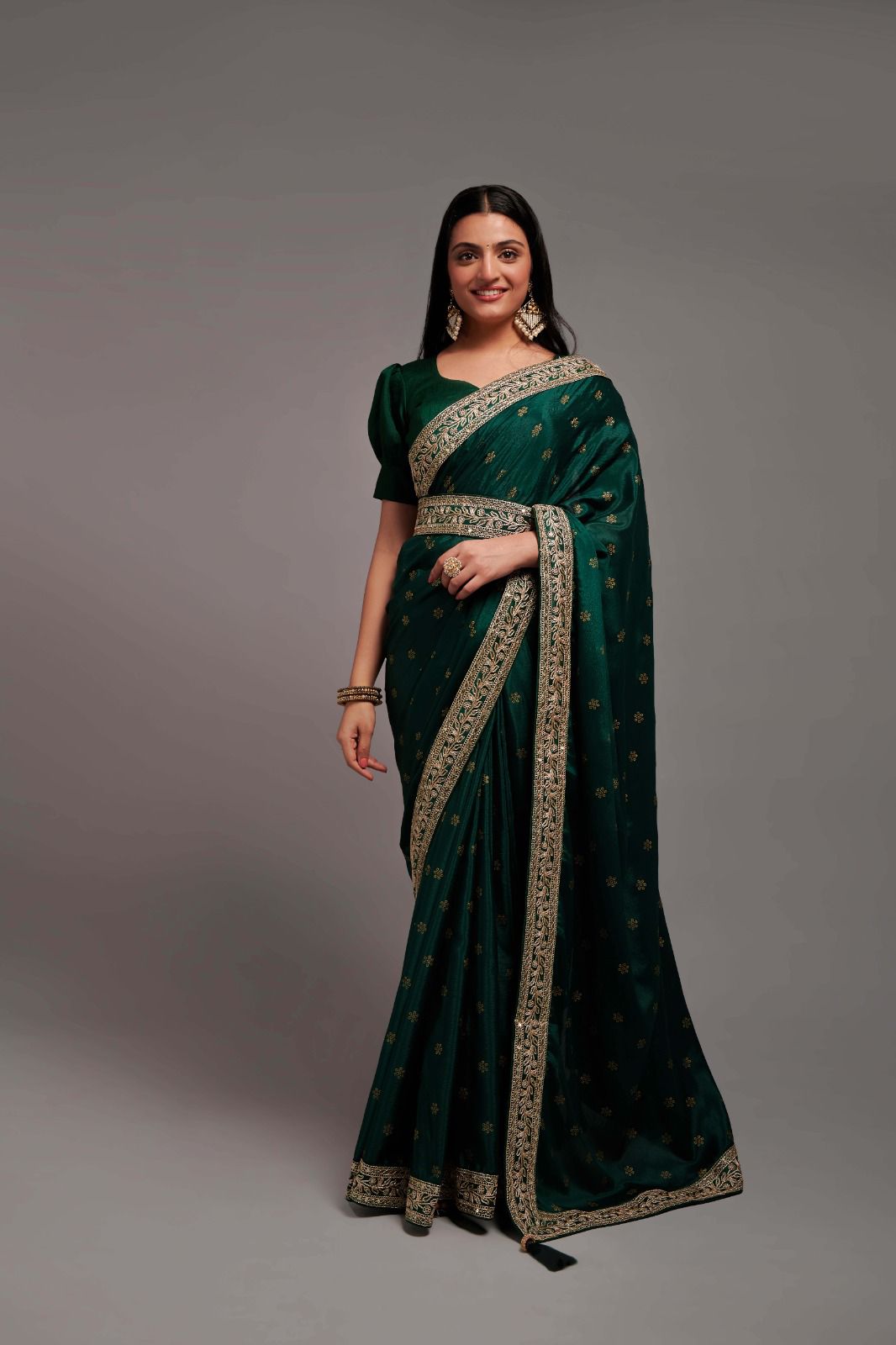 Designer Green Color Chinon Silk All Over print and Coding Work Saree