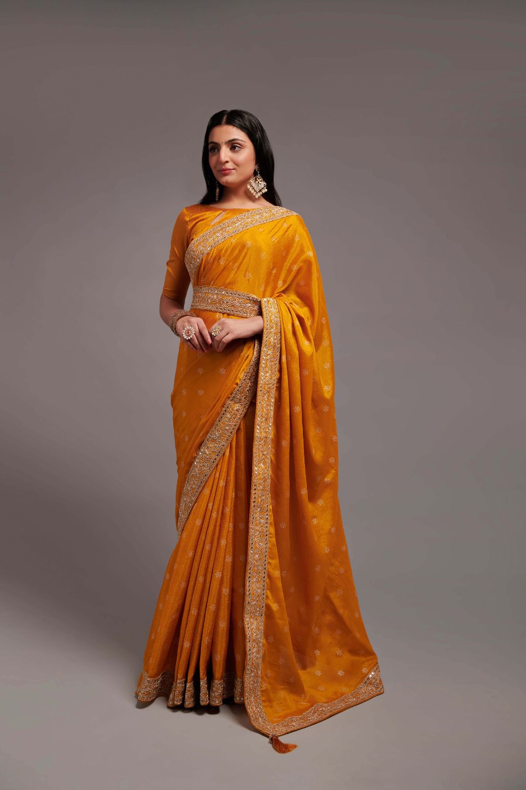 Party Wear Mustard Color Chinon Silk All Over print and Coding Work Saree