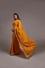 Load image into Gallery viewer, Party Wear Mustard Color Chinon Silk All Over print and Coding Work Saree
