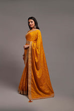 Load image into Gallery viewer, Party Wear Mustard Color Chinon Silk All Over print and Coding Work Saree
