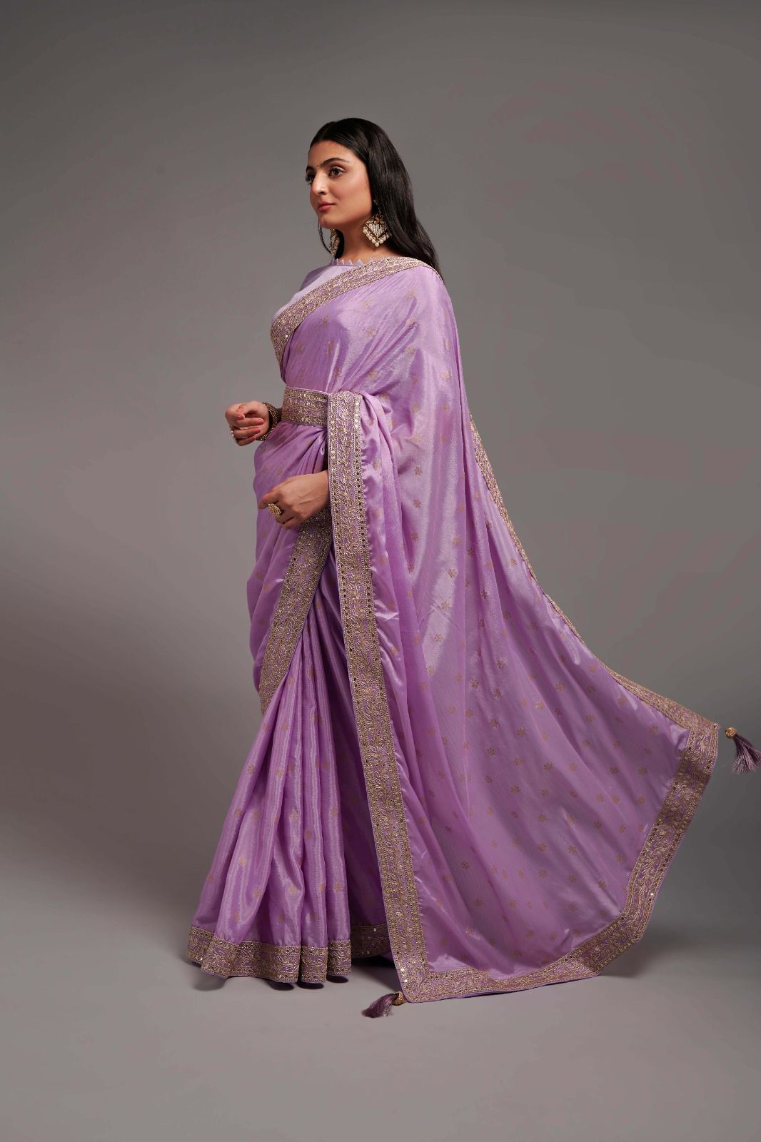 Gorgeous Purple Color Chinon Silk All Over print and Coding Work Designer Saree