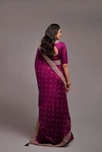 Load image into Gallery viewer, Party Wear Wine Color Chinon Silk All Over print and Coding Work Saree For Women
