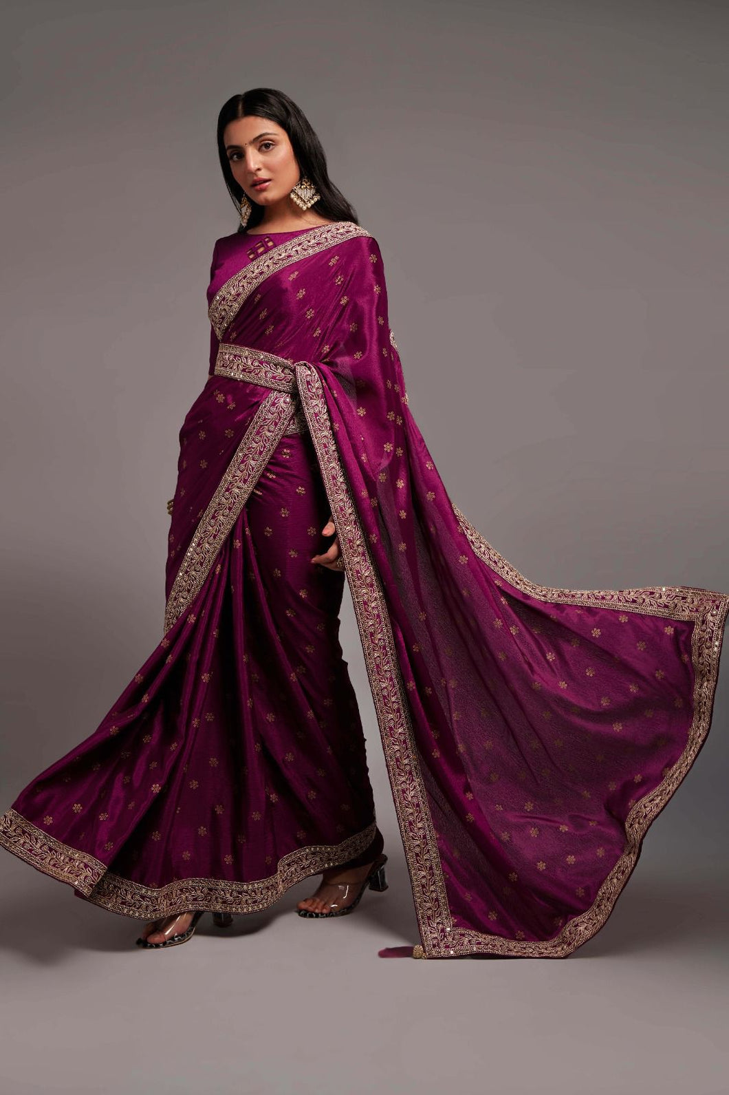 Party Wear Wine Color Chinon Silk All Over print and Coding Work Saree For Women
