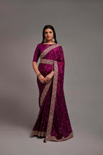 Load image into Gallery viewer, Party Wear Wine Color Chinon Silk All Over print and Coding Work Saree For Women
