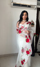 Load image into Gallery viewer, White Soft Tuby Silk Red Flower Thread Work Saree
