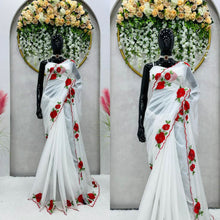 Load image into Gallery viewer, White Soft Tuby Silk Red Flower Thread Work Saree
