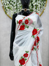 Load image into Gallery viewer, Ready to Wear 1 Min. Designer White Flower Work Silk Saree
