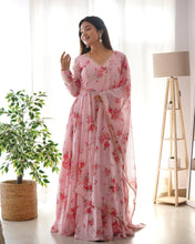 Load image into Gallery viewer, Designer Pink Ready To Wear Printed Anarkali Gown Set For Girls Wear
