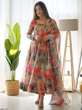 Load image into Gallery viewer, Readymade Beautiful Organza Silk Print Anarkali Gown with Pant Dupatta
