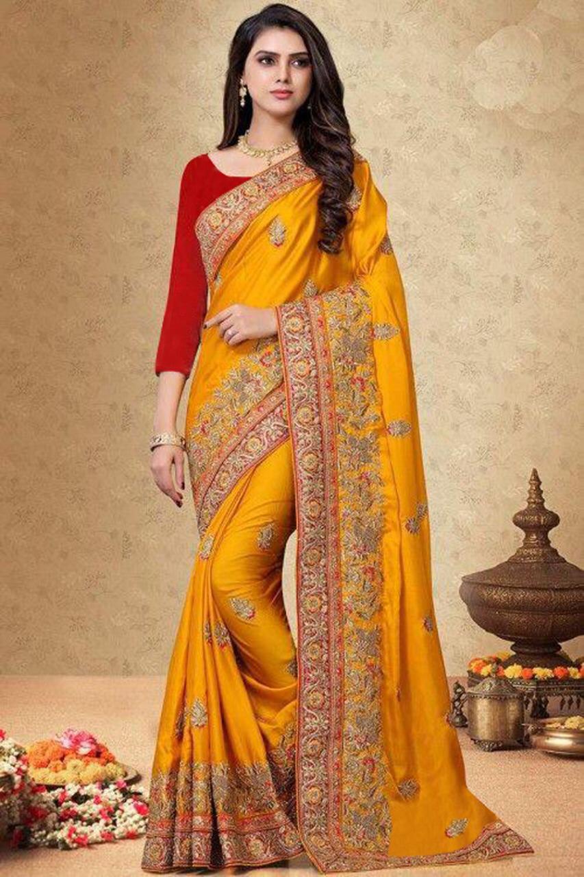 Amazaballs Yellow Color Function Wear Silk Embroidered Work Saree Blouse