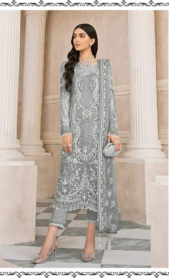 Astounding Wear Grey Color Fancy Embroidered Sequence Work Beautiful Heavy Net Salwar Suit