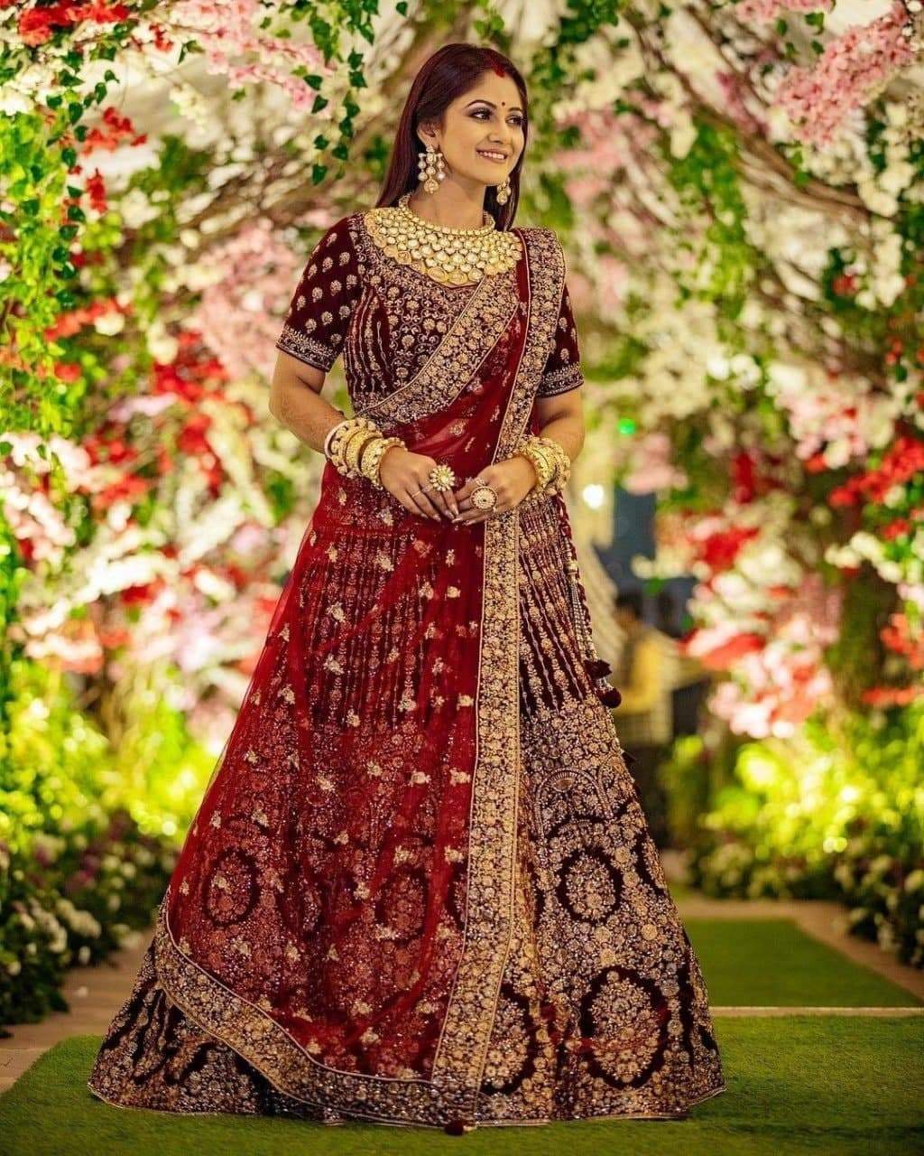 Bridal Wear Maroon Color Velvet Embroidered Work Designer Lehenga Choli