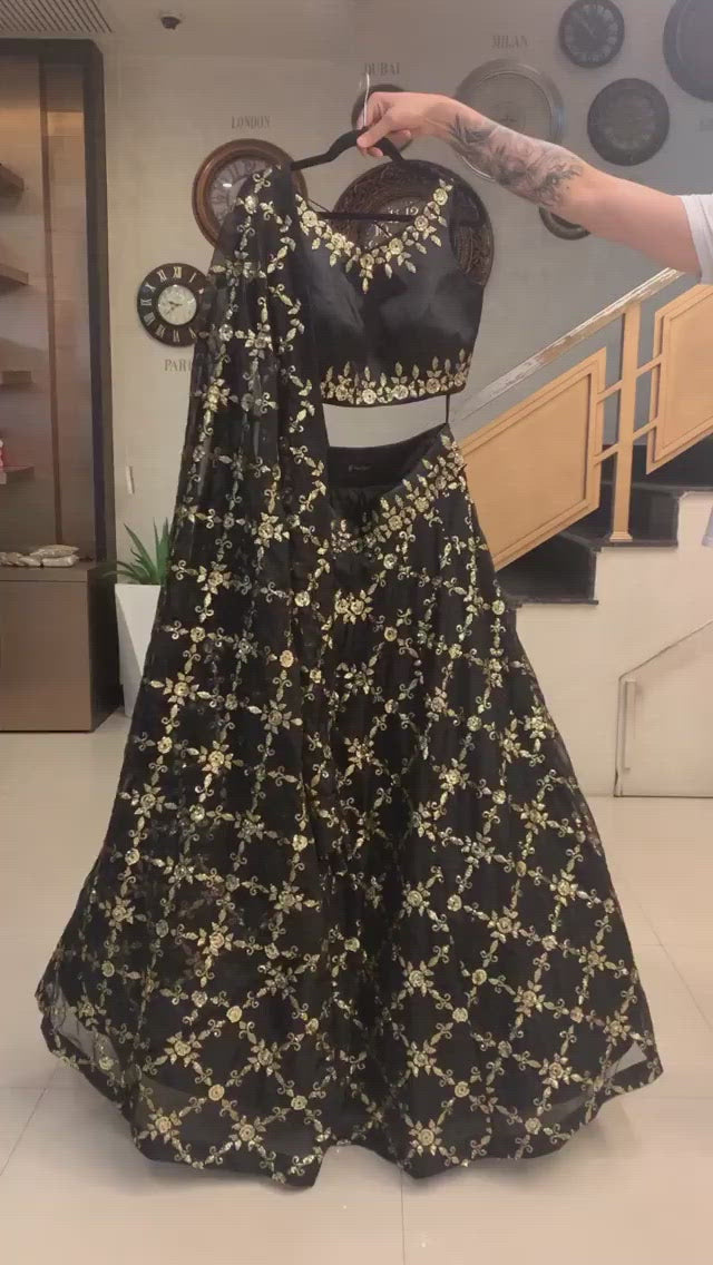 Wedding Wear High Range Black Georgette Finest Embroidered Sequence Work Lehenga Choli