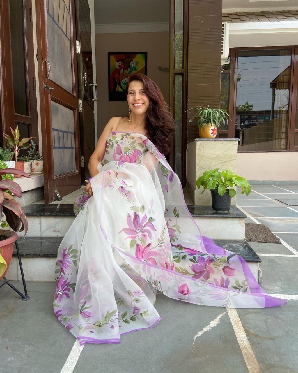 White Purple Soft Organza Silk with Rich Digital Printed Saree For Party Wear