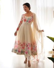 Load image into Gallery viewer, Ivory Soft Organza Silk Printed Anarkali Gown Set Pant Dupatta
