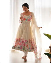 Load image into Gallery viewer, Ivory Soft Organza Silk Printed Anarkali Gown Set Pant Dupatta
