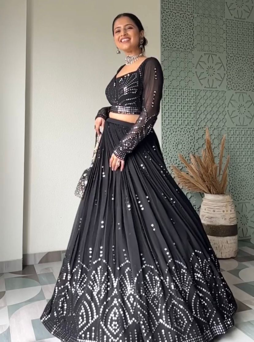 Beautiful Party Wear Georgette Black Color Lahenga With Emb. Sequence Work.