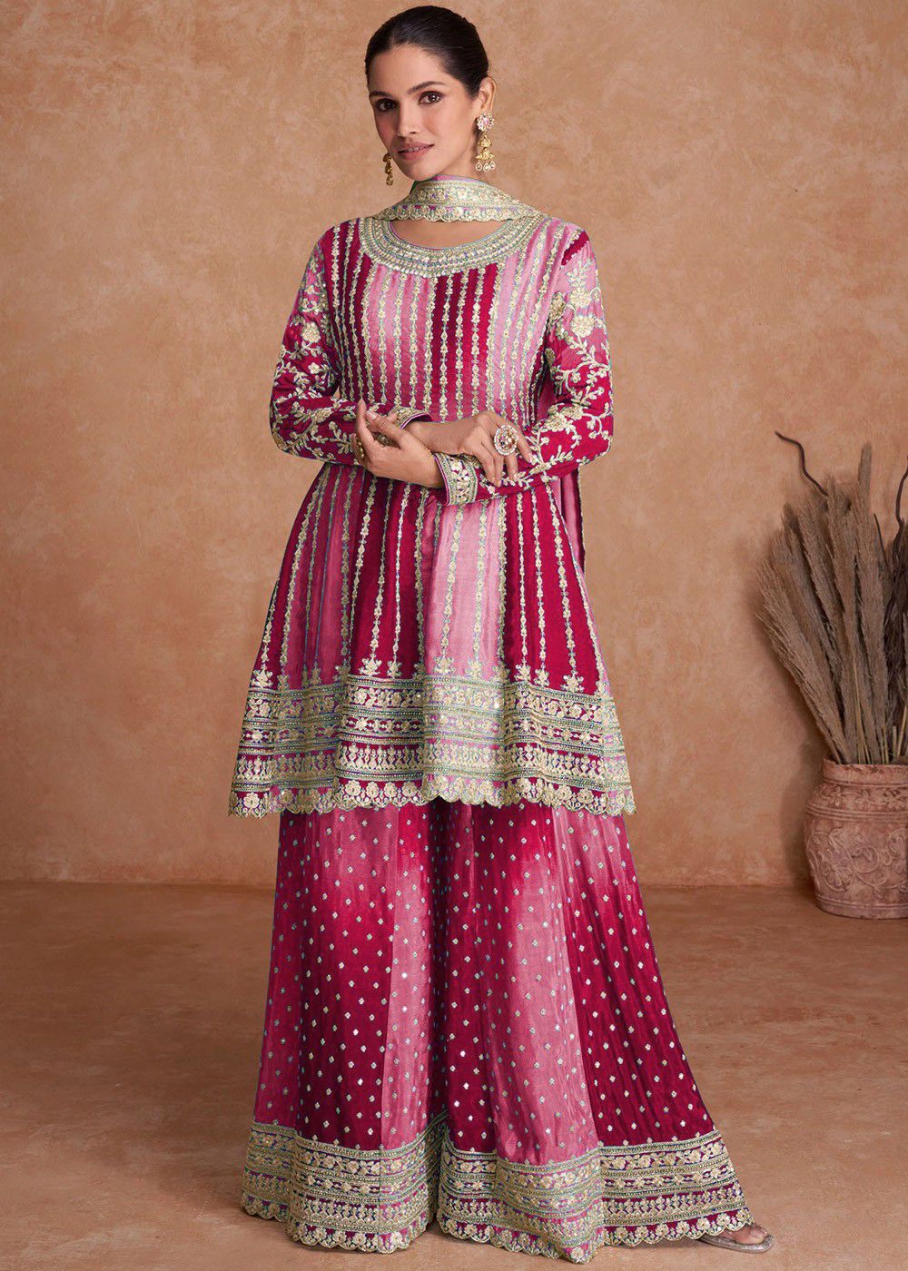 Amazing Dual Color Silk Base Full Stitched Sharara Suit