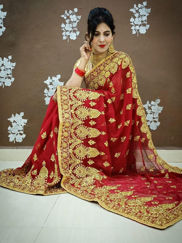 Wedding Wear Georgette Heavy Golden Jari Embroidered Saree Blouse