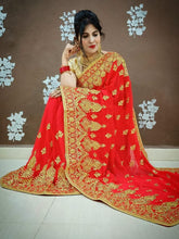 Load image into Gallery viewer, Wedding Wear Georgette Heavy Golden Jari Embroidered Saree Blouse
