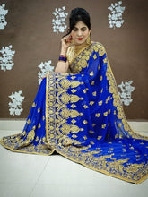 Load image into Gallery viewer, Wedding Wear Georgette Heavy Golden Jari Embroidered Saree Blouse
