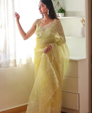 Load image into Gallery viewer, Light Mehndi Color Organza Silk Embroidered Border Saree

