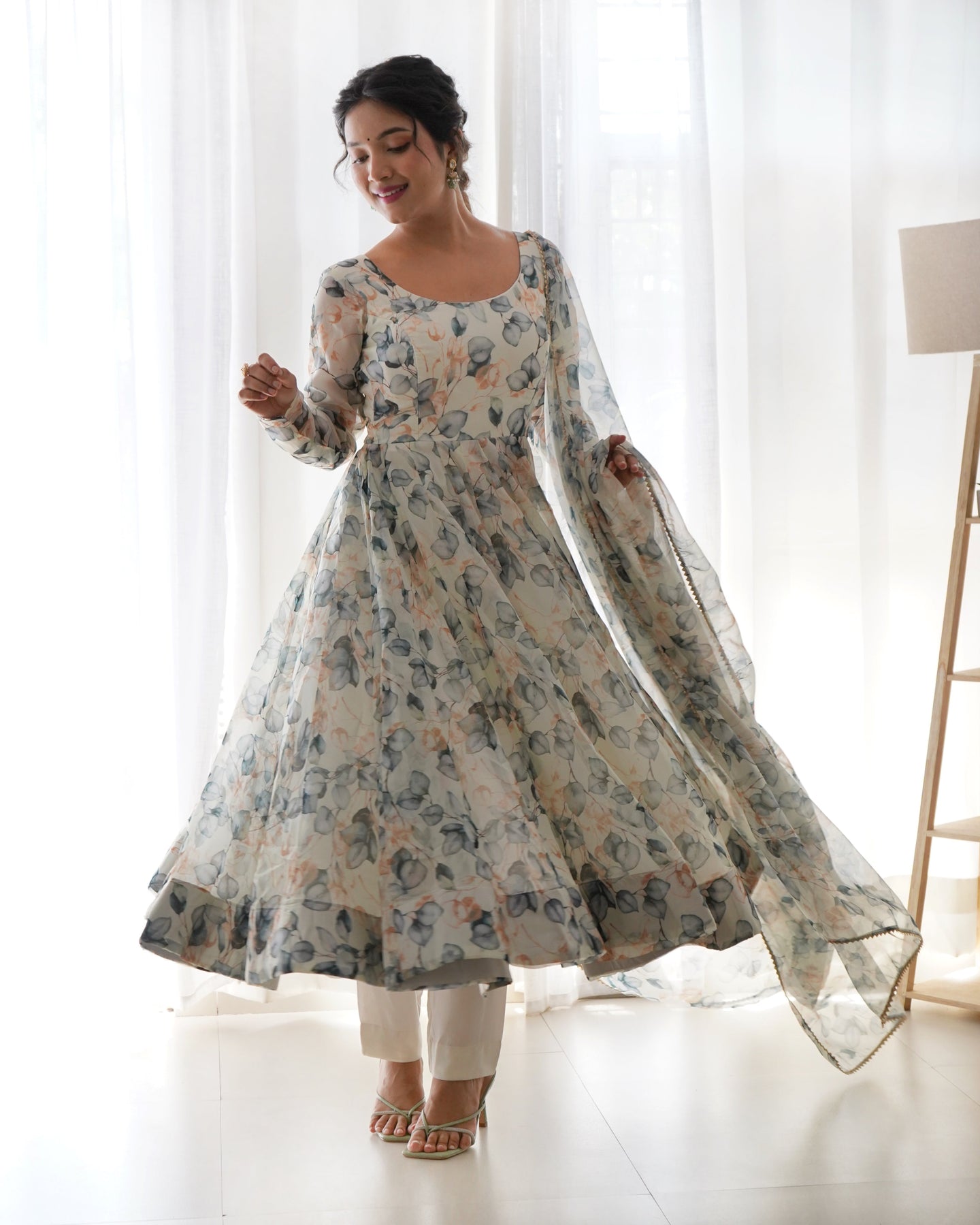 Readymade Organza Silk Floral Print Anarkali Gown Set