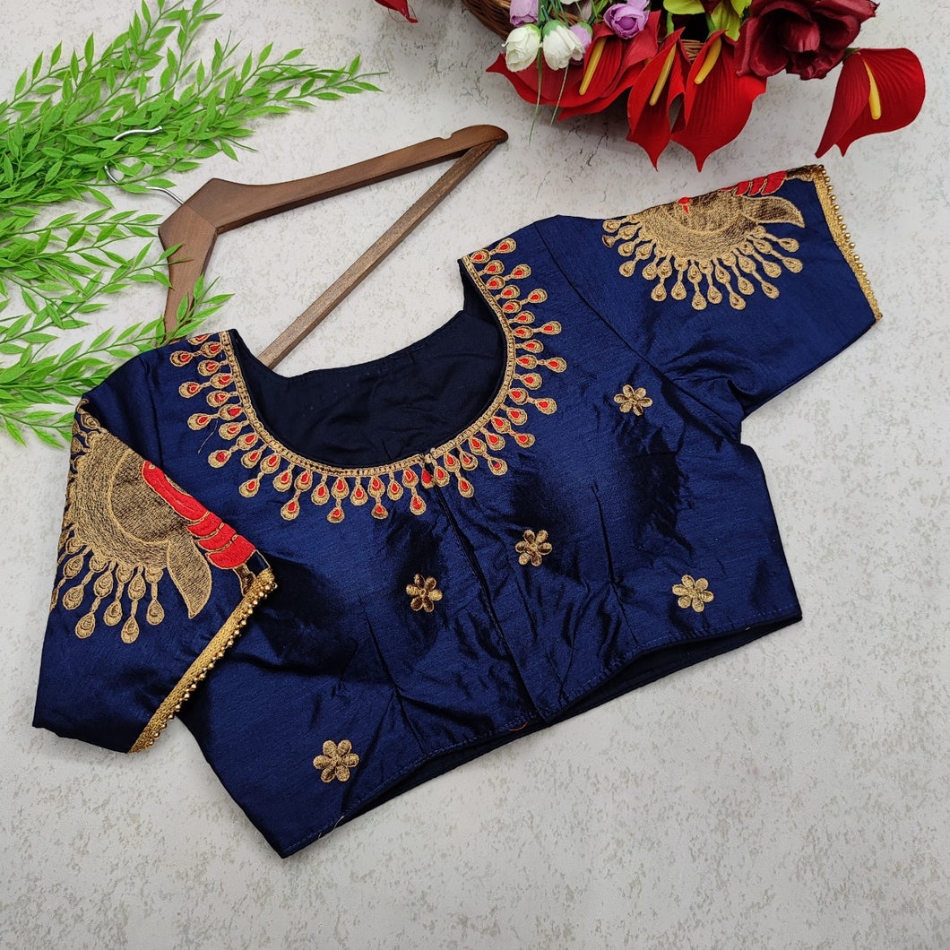 Appealing Navy Blue Color Ready Made Zari Embroidered Work Silk Wedding Wear Blouse