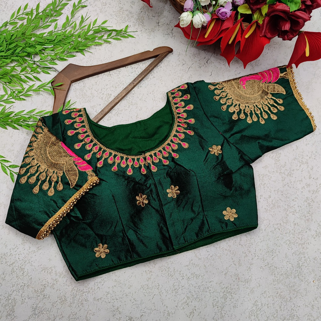 Ravishing Green Color Full Stitched Silk Embroidered Work Blouse For Women