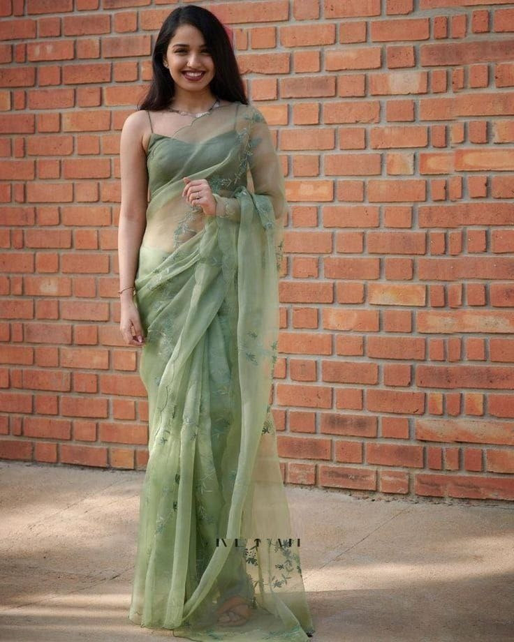Function Wear Green Color Soft Organza Silk with Flowery Digital Printed Saree