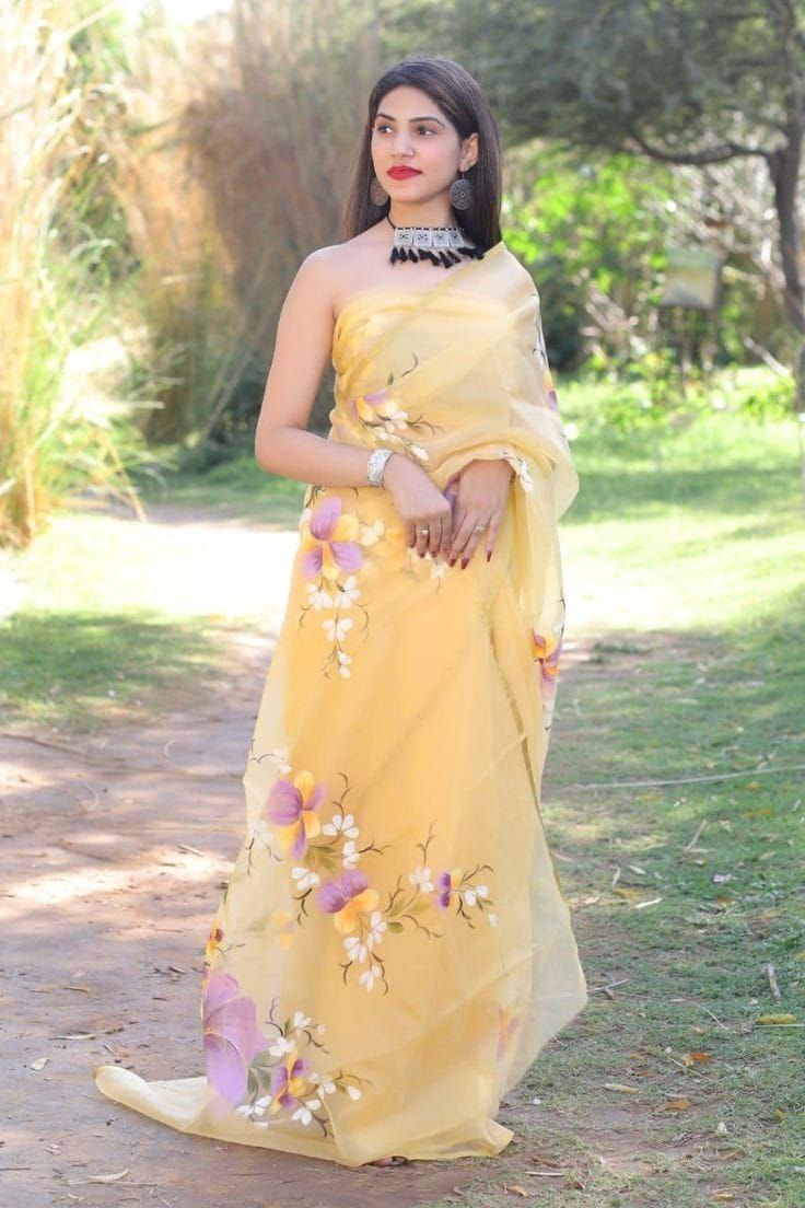 Attractive Light Yellow Color Organza Silk with Flowery Digital Printed Saree