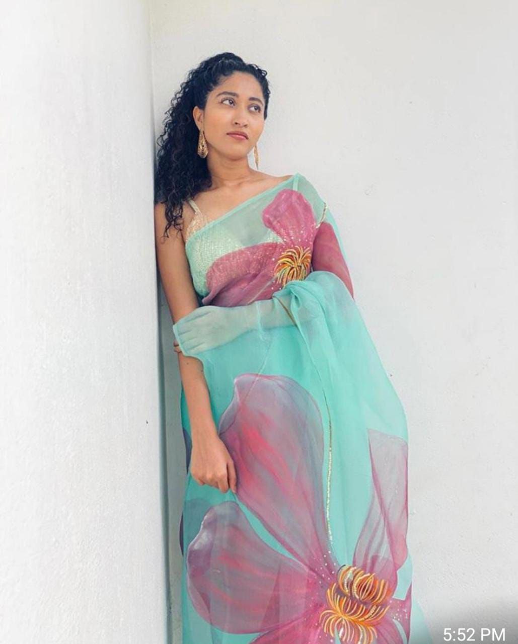 Sea Green Organza Silk Digital Print Saree Blouse For Women