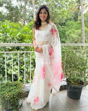Load image into Gallery viewer, Lovely White Sof Organza Silk Print n Foil Hand Work Designer Saree
