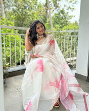 Load image into Gallery viewer, Lovely White Sof Organza Silk Print n Foil Hand Work Designer Saree
