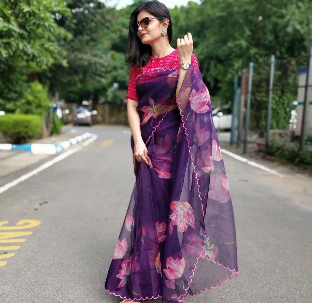 Women's Violet Organza Silk Digital Printed Saree With Blouse