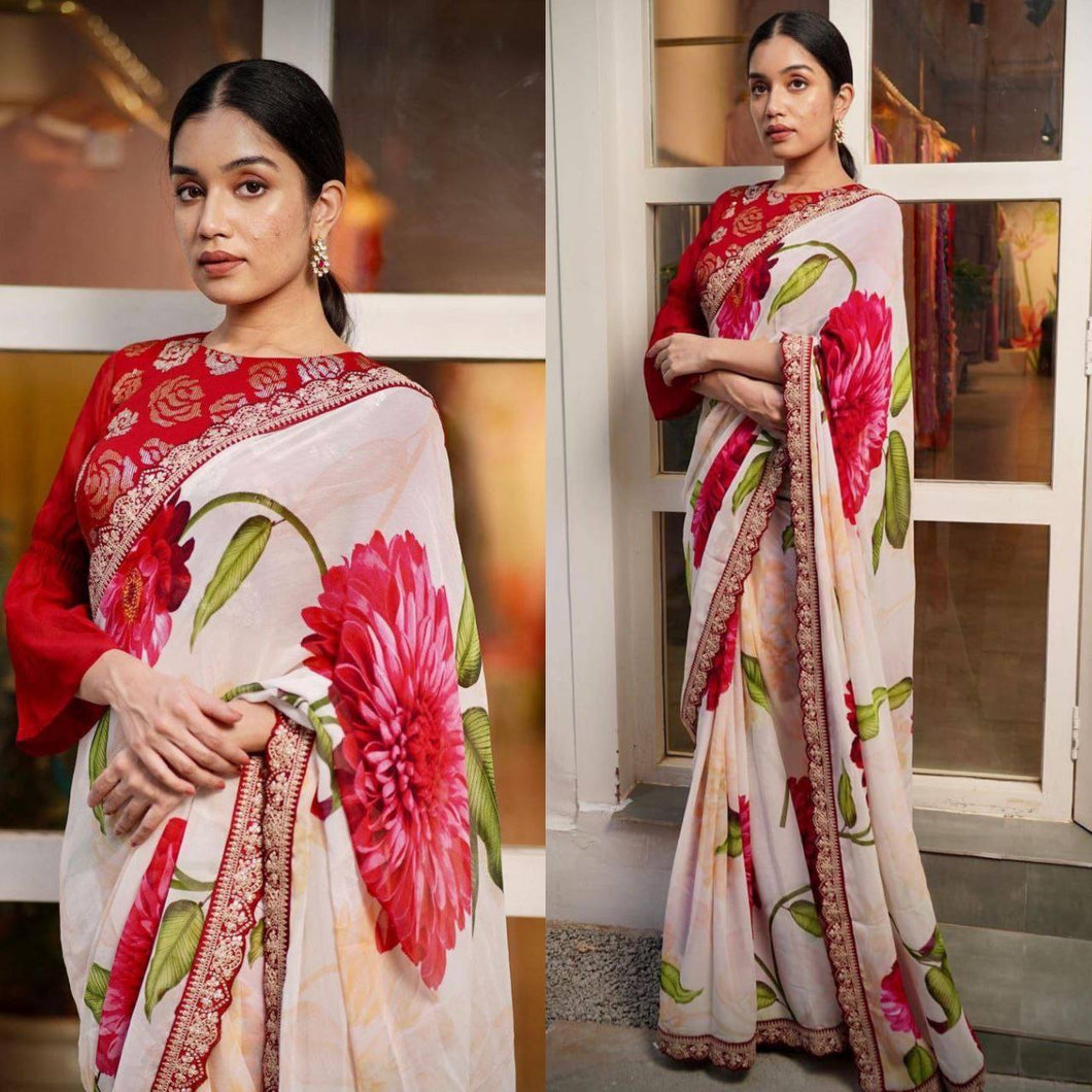 Stylish Red and White Color Digital Printed Saree With Sequence Work Border Saree