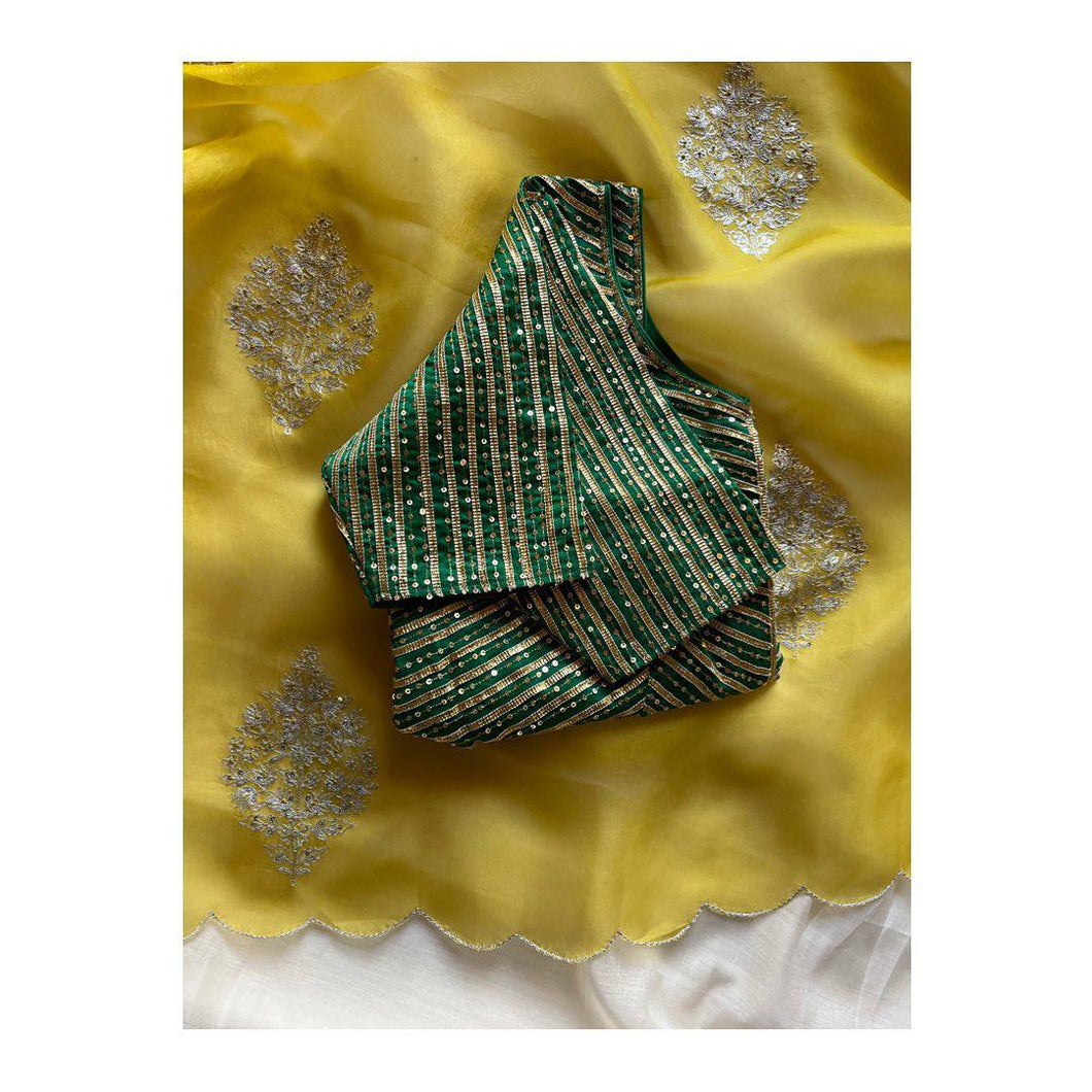 Superlative Lemon Color Occasion Wear Thread With Zari Seq Butta Work Designer Organza Saree Blouse