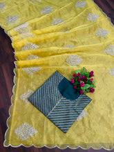 Load image into Gallery viewer, Superlative Lemon Color Occasion Wear Thread With Zari Seq Butta Work Designer Organza Saree Blouse
