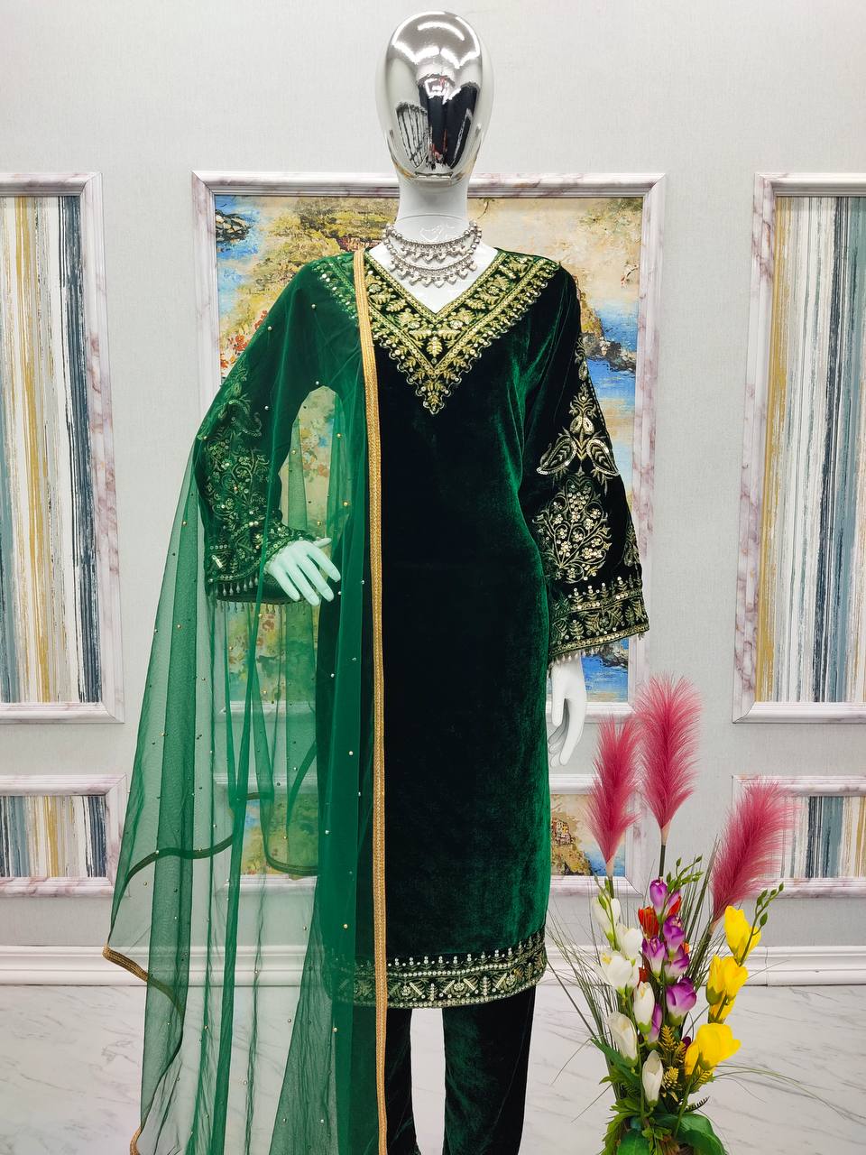 Velvet Embroidered Readymade Plazo Suit For Women