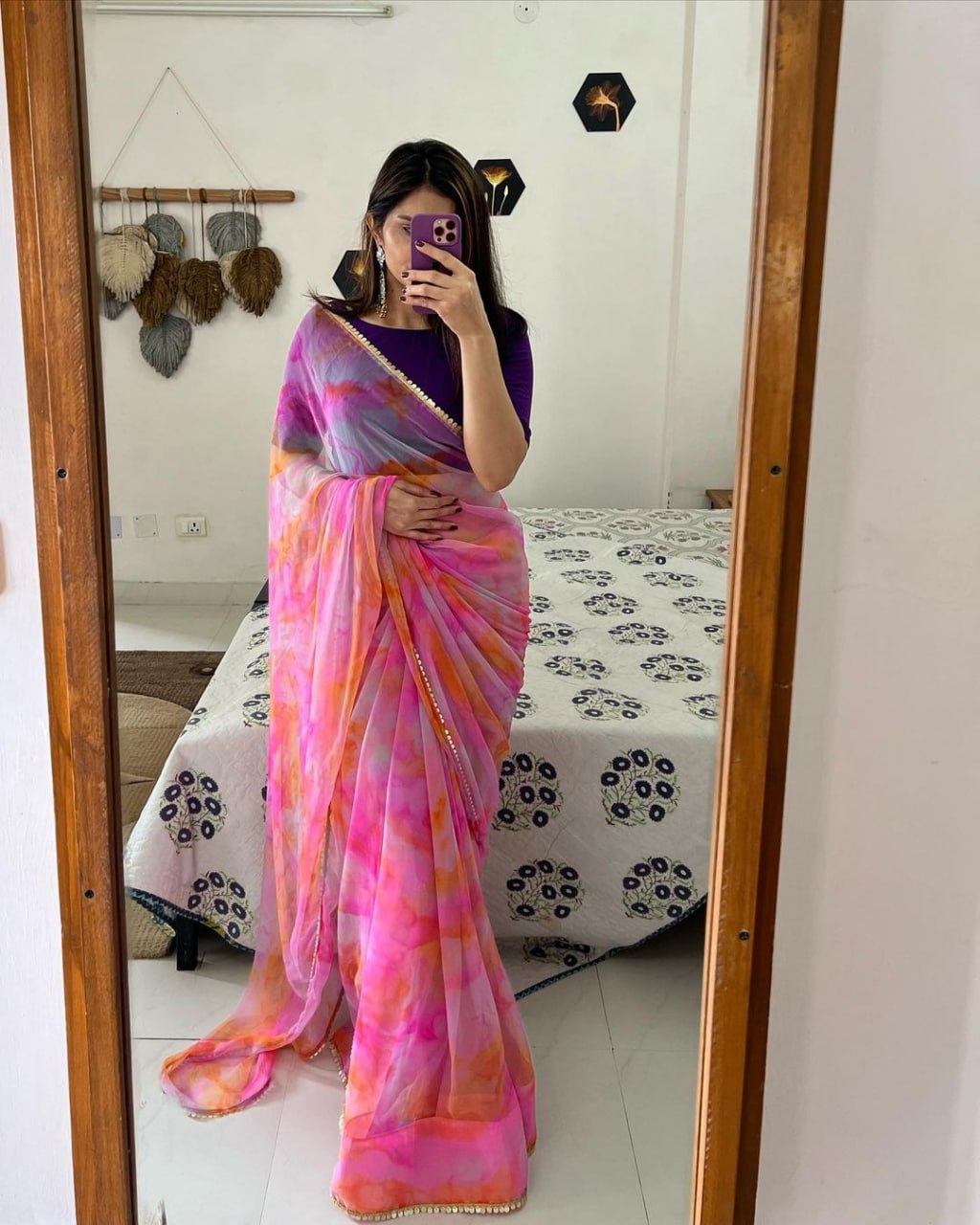 Pleasant Colorful Soft Organza Silk Digital Print Saree Blouse For Girls Wear