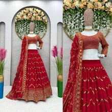 Load image into Gallery viewer, Lovely Red Color Faux Georgette Heavy Embroidered Semi Stitched Lehenga Choli
