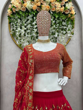 Load image into Gallery viewer, Lovely Red Color Faux Georgette Heavy Embroidered Semi Stitched Lehenga Choli
