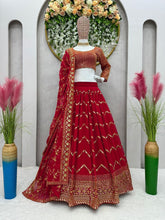 Load image into Gallery viewer, Lovely Red Color Faux Georgette Heavy Embroidered Semi Stitched Lehenga Choli
